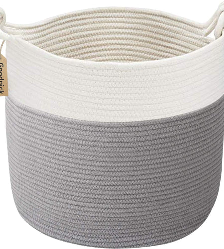 Cotton Rope Storage Basket, 15 X 14.2 Inches Baby Laundry Baskets for Clothes, Toy Storage Blanket Basket with Handles for Living Room, Small Woven Baskets for Organizing Home Décor, Grey