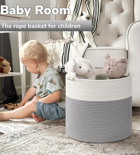Cotton Rope Storage Basket, 15 X 14.2 Inches Baby Laundry Baskets for Clothes, Toy Storage Blanket Basket with Handles for Living Room, Small Woven Baskets for Organizing Home Décor, Grey
